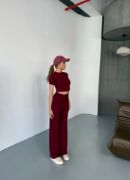 Osy Modal Yumuşak Dokulu Kumaş Kısa Kollu Crop Rahat Pantalon Ikili Takım - Bordo resmi